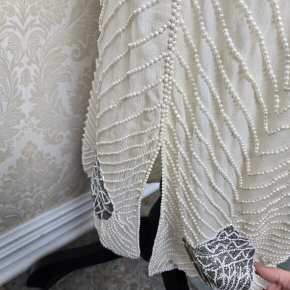 Jewel Queen Sz Med Beaded Sequin Evening Skirt Cream Silver Seashell Pearls Silk - Picture 4 of 13